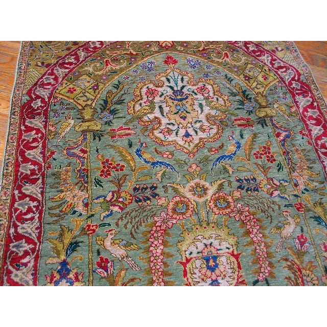 Early 20th Century 1920s Green Islamic Prayer Antique Persian Tabriz Silk Rug 2' 5" X 3' 8" Knotted Carpet For Sale - Image 5 of 9