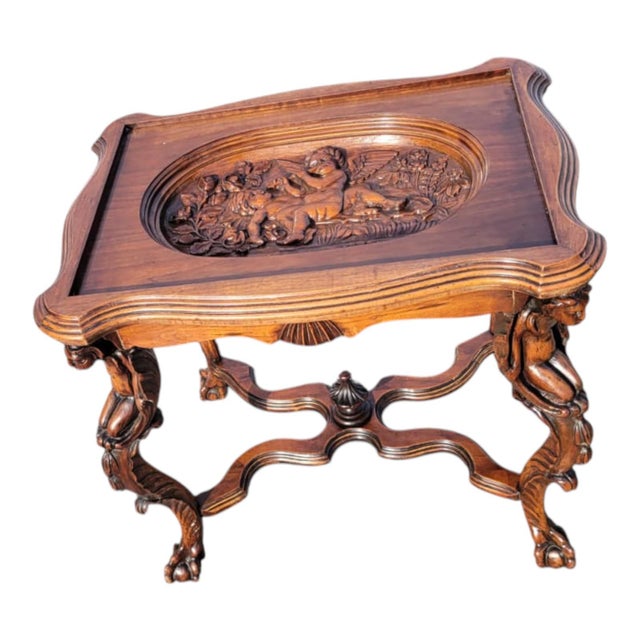 1920 Ornate Carved Angel Display Table With Glass Top and Sculptural Legs For Sale - Image 12 of 18