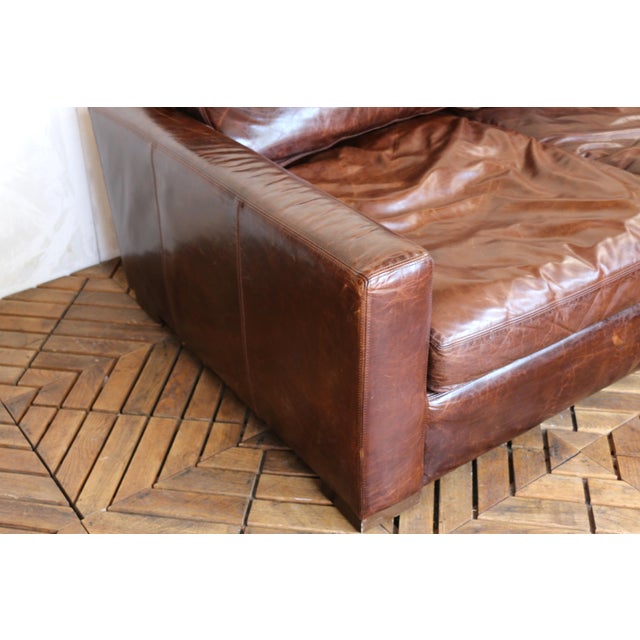Animal Skin Restoration Hardware Brown Leather Two-Seat Sofa With Rich Patina For Sale - Image 7 of 18