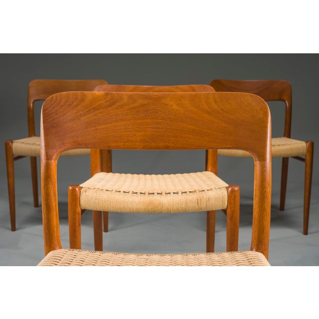 Rare set of 8 Danish mid-century dining chairs Model 75 by Niels Otto Møller, 1960s. Elegant solid teak frames combined...