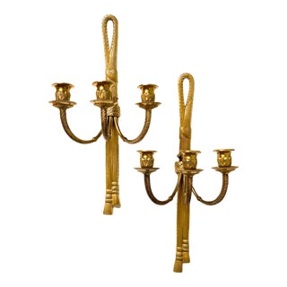 Vintage Brass Rope Tassle Wall Hanging Three Arm Candle Sconces - a Pair For Sale