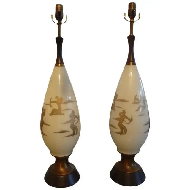 Glass Pair of Hollywood Regency Gerald Thurston Style Gilt Decorated Glass Lamps For Sale - Image 7 of 8