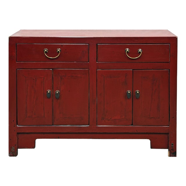 Distressed Brick Red Drawers Doors Sideboard Credenza Console Table For Sale