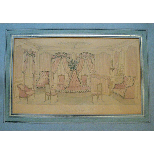 Charming original watercolor and pencil illustration titled "Grand Salon" with a decidedly feminine feel. Soft pink and...