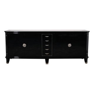 Art Deco Sideboard, 5 Drawers in the Center, Black High-Gloss Lacquer with Metal Emblems, 1930s For Sale