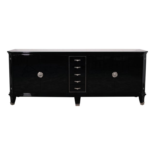 Art Deco Sideboard, 5 Drawers in the Center, Black High-Gloss Lacquer with Metal Emblems, 1930s For Sale