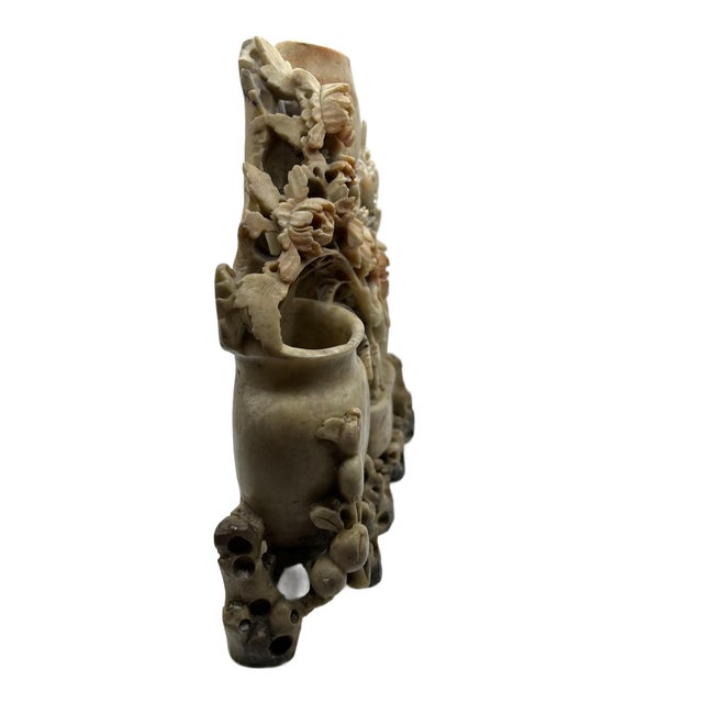 Vintage Soapstone Carvied Triple Vase Birds and Flowers For Sale - Image 4 of 15