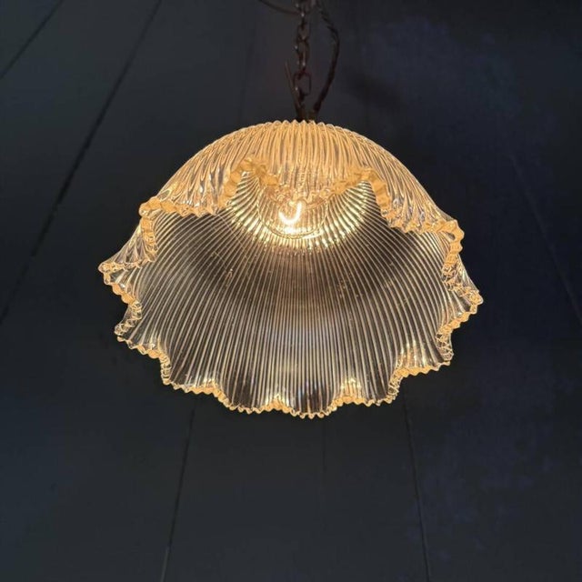 Metal Small Pressed Glass Pendant Lamp with Brass Fixture from Holophane, 1930s For Sale - Image 7 of 17