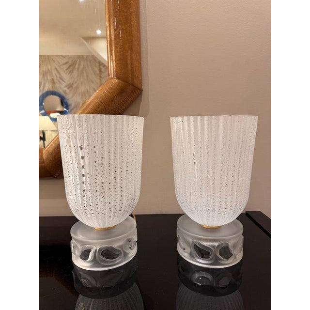 French Art Deco Ribbed Crystal Torchiere Table Lamps, Set of 2 For Sale - Image 3 of 9