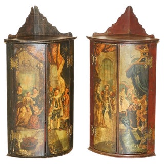 George I Henry VII Polychrome Painted Corner Wall Cabinets, 1700s, Set of 2 For Sale