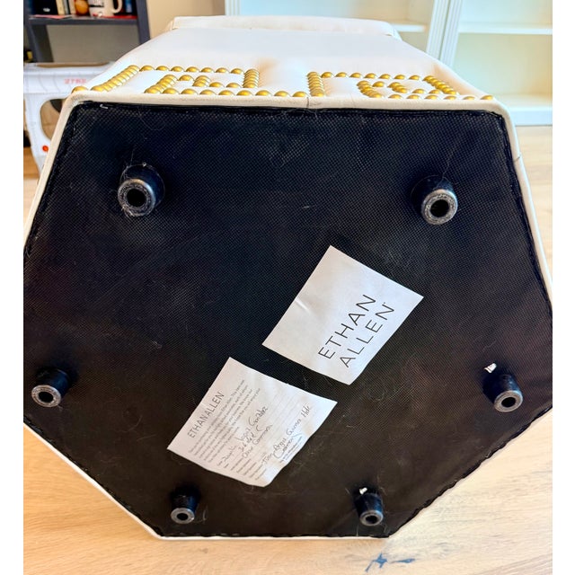 2020s Ethan Allen White Leather Greek Key Nailhead Ottoman / Hexagon Stool For Sale - Image 5 of 5