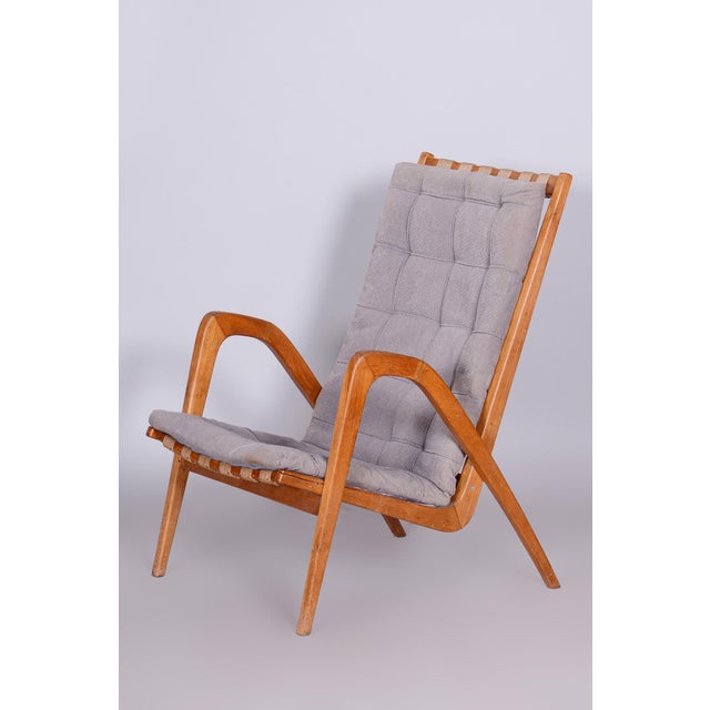 Mid-Century Czech Grey Armchair in Oak attributed to Jan Vanek, 1950s For Sale - Image 12 of 12