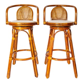 Bamboo Cane and Bentwood Bar Stools | Set of Two | Palm Springs Counter Stools For Sale