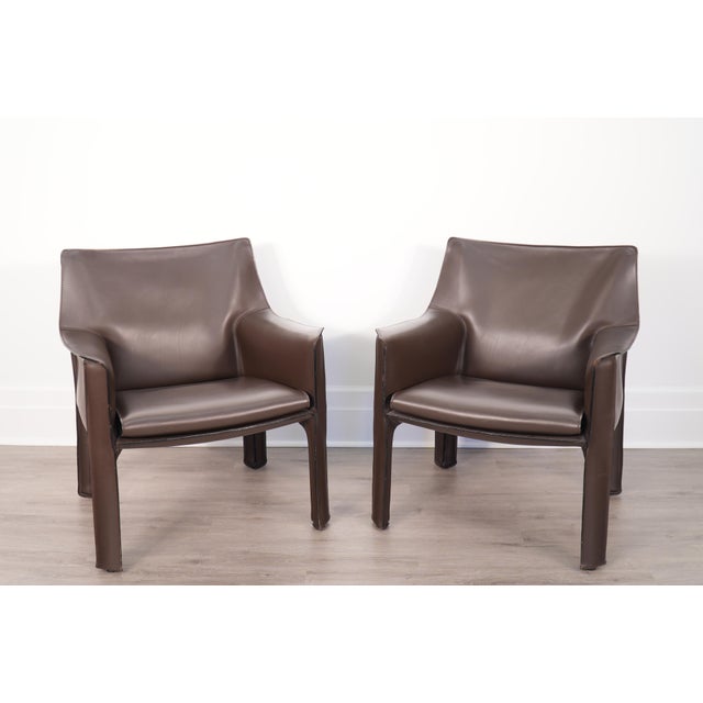 Brown Brown Leather Mario Bellini for Cassina Cab 414 Lounge Chairs Italy For Sale - Image 8 of 10