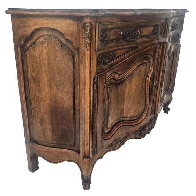 French Antique French Louis XV Walnut Buffet Sideboard Curved Front Carved C1900s For Sale - Image 3 of 17