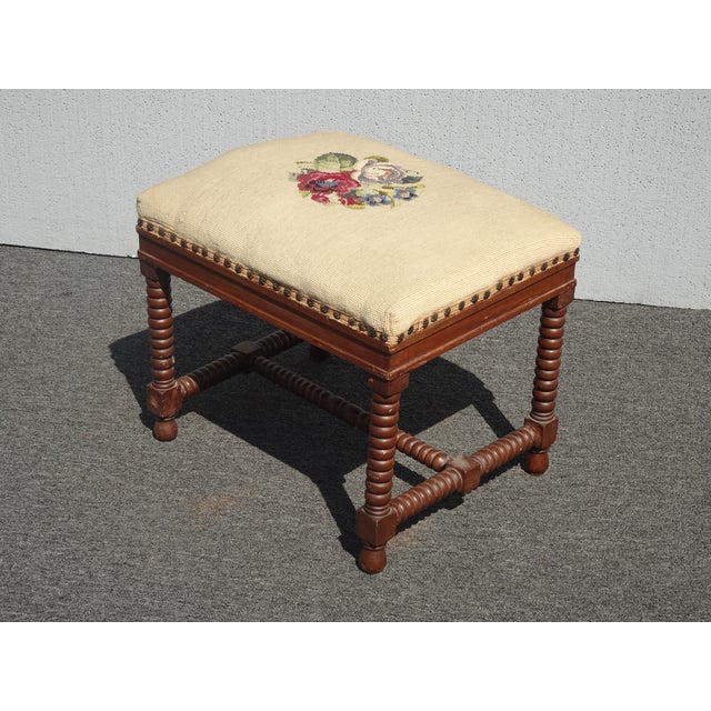 French Vintage French Tan Floral Tapestry Bench Stool Decorative Nails & Bobbin Legs For Sale - Image 3 of 12