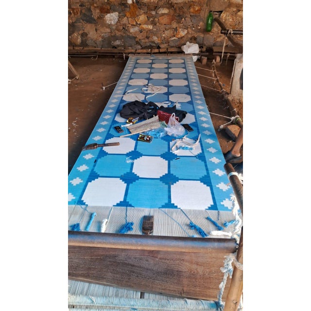 Handmade Cotton Dhurrie Runner, Vegetable Dyed Sky Blue and White Swedish Tile Runner- 3'x14' For Sale - Image 11 of 12