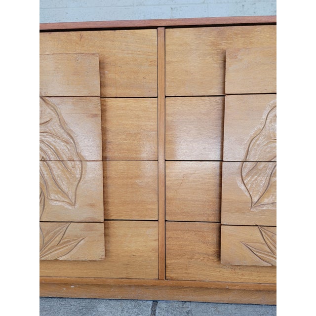 Mid-Century Modern Hawaiian Style Dresser With Relief Carved Tropical Foliage 1950's For Sale - Image 10 of 18