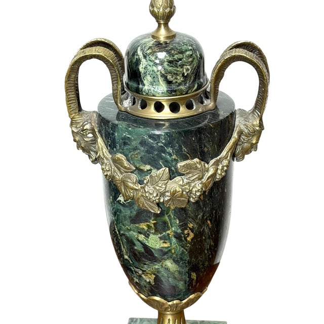 Pair of Green Marble and Ormolu Urns or Cassolettes With Satyr Heads in Louis XVI Style For Sale In Charlotte - Image 6 of 15
