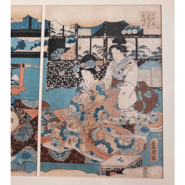 Blue 19th Century Japanese Ukiyo-E Woodblock Triptych Print by Utagawa Kunisada, Toyokuni III For Sale - Image 8 of 15