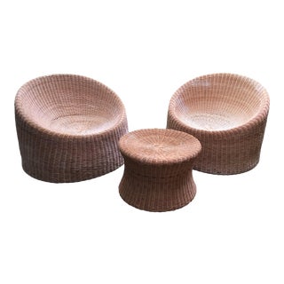 Mid Century Original Eero Aarnio Wicker Elephant Boot Chairs and Foot Stool - 3 Pieces For Sale