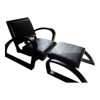 French Black Leather + Wood Lounge Chair With Ottoman Attributed to Francis Jourdain For Sale
