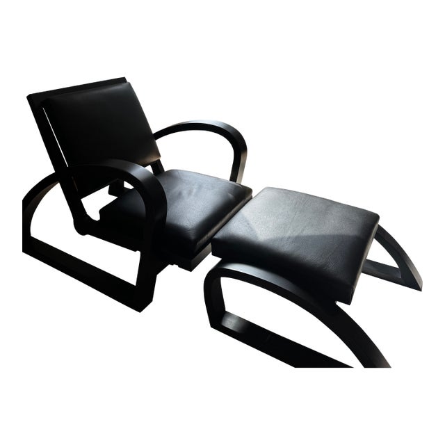 French Black Leather + Wood Lounge Chair With Ottoman Attributed to Francis Jourdain For Sale