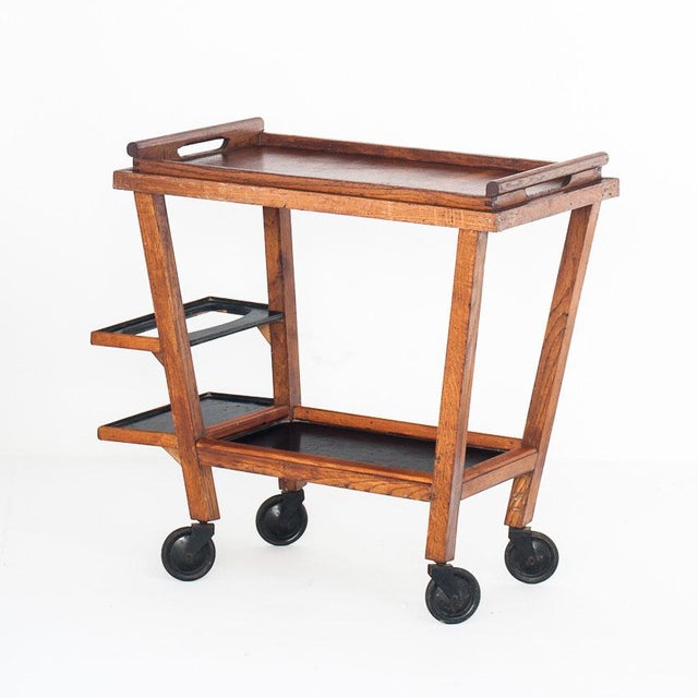 Mid-Century Modern Vintage Oak Bar Cart with Pull-Out Tray, France, 1950s For Sale - Image 3 of 14