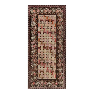 Vintage Mid-Century Bessarabian Kilim Rug in Brown and Pink Geometric Pattern For Sale