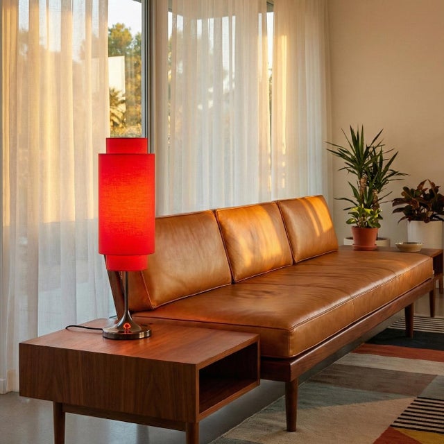 Mid-Century Modern Lollipop Table Lamp - Black Nickel, Crimson Red Linen Double Shade, on/Off Pull Chain For Sale - Image 3 of 15