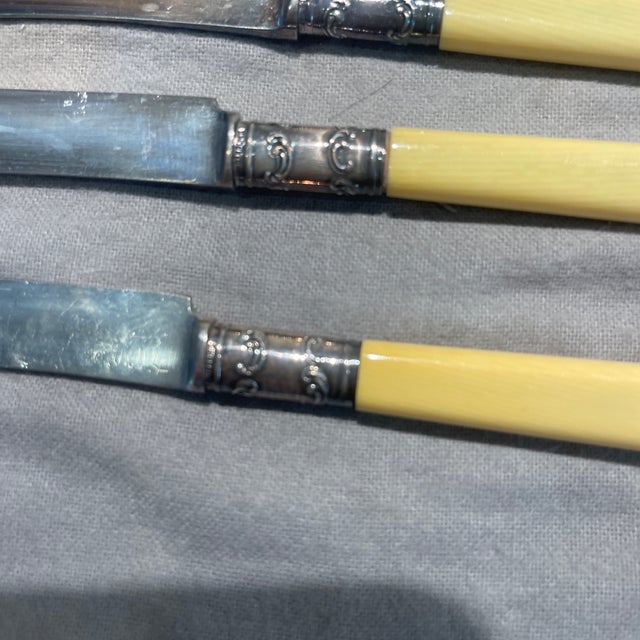 Late 19th Century Antique Daniel Low & Co. oTable Knives – Set of 6 Vintage Celluloid Handle Flatware, Silverplate Bolsters, Salem Ma For Sale - Image 5 of 11