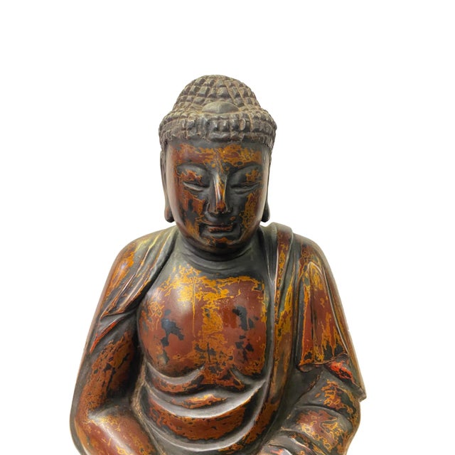 Chinese Chinese Golden Brown Lacquer Wooden Meditation Buddha Statue For Sale - Image 3 of 7