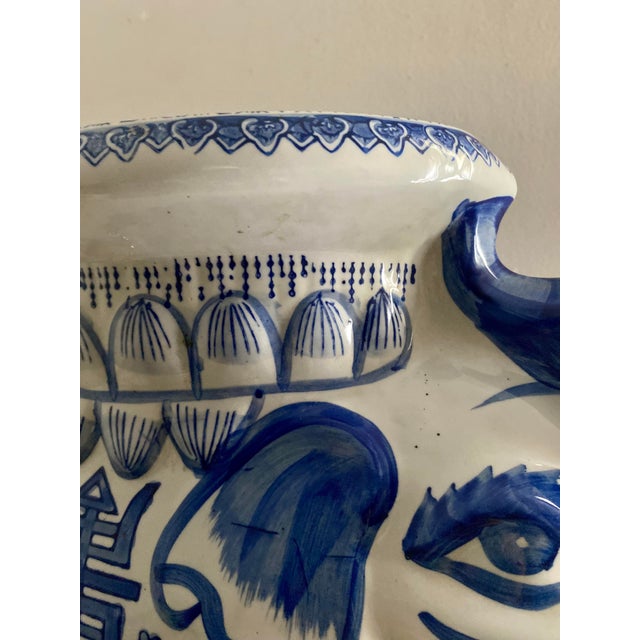 Ceramic Vintage Ceramic Chinoiserie Blue & White Elephant Plant Stand or Garden Stool For Sale - Image 7 of 12