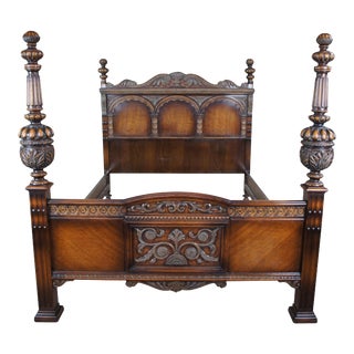 American Furniture Elizabethan Jacobean Revival Oak Full Size Poster Bed For Sale