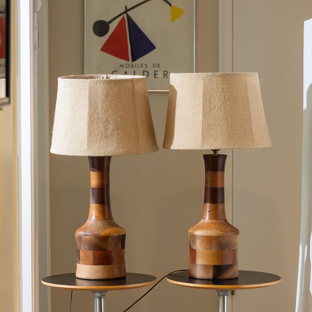 Vintage 1970s Segmented Wood Table Lamps in Walnut, Cherry, and Maple - A Pair For Sale - Image 4 of 14