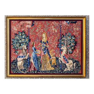 Antique Gold Guilt Framed Tapestry of Lady and Unicorn