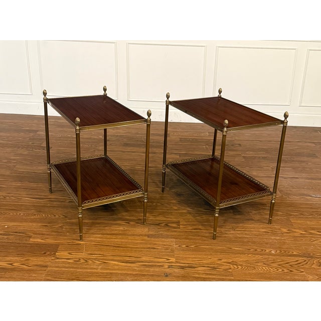 Pair of Two Tiered Brass and Wood End Tables by Leighton Hall - Showroom Samples For Sale - Image 11 of 17
