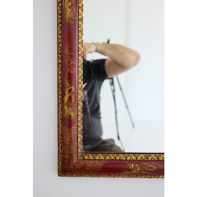 Chinoiserie George I Style Red Lacquer and Gilt Chinoiserie Mirror With Figural Decoration, c.1960 For Sale - Image 3 of 16