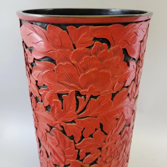 Carved Red Cinnabar-Style Lacquer Floor Vase or Umbrella Stand, Beijing Factory For Sale - Image 10 of 16