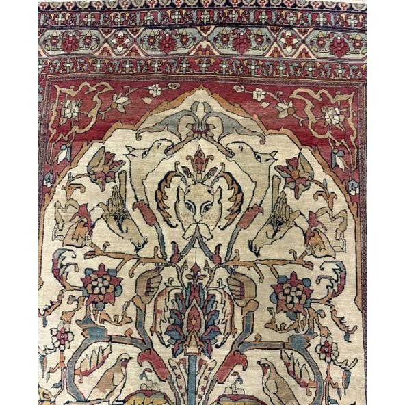 Mid Century Cream Traditional Luxury Pictorial Animal Antique Kerman Silk Rug For Sale - Image 4 of 8