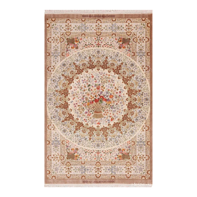 Nazmiyal Collection Floral Vintage Persian Silk Qum Rug For Sale