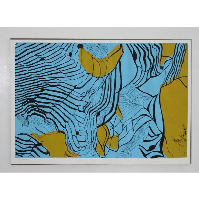 Mid 20th Century Abstract Blue and Mustard Topography Serigraph For Sale - Image 4 of 4