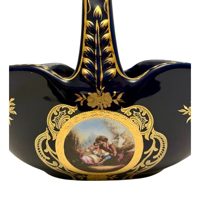 Vintage Gilded Cobalt Blue Large Porcelain Basket Courting Couple Motif France. The basket does have some minor gilding...