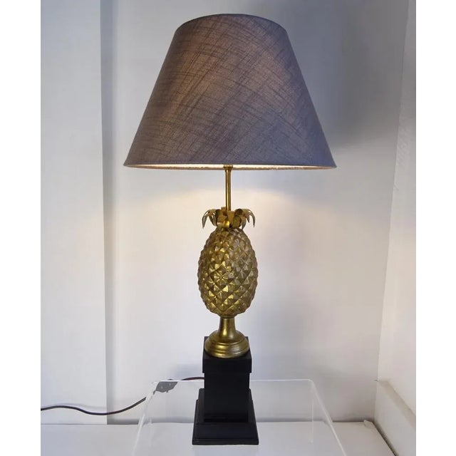 Wood Large Vintage Pinapple Table Lamp in Brass by Maison Charles, 1950s For Sale - Image 7 of 10