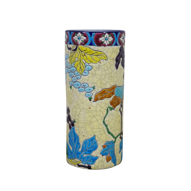 Antique French Longwy Emaux cloisonne enameled ceramic mantel vase or urn featuring a cylindrical shape with a floral...