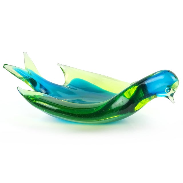 Glass Murano Vintage Sommerso Glowing Uranium Blue Yellow Green Italian Art Glass Bird Shaped Bowl For Sale - Image 7 of 11