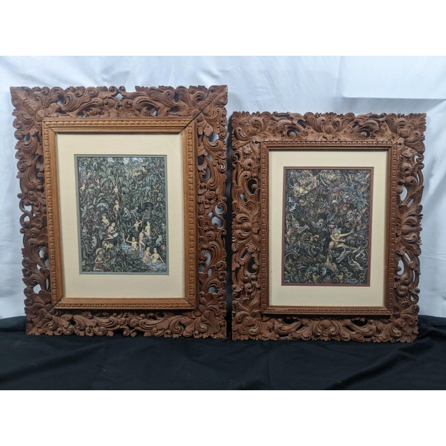 Late 20th Century Pair of Balinese Batuan-Style Narrative Paintings in Hand-Carved Wood Frames For Sale - Image 12 of 16