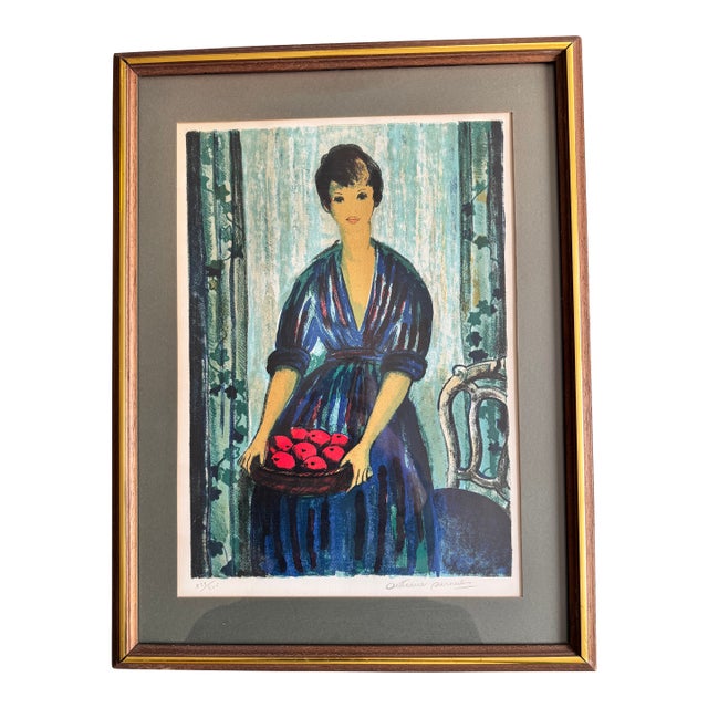 Mid 20th Century Woman With Apples – Mid-Century Folk Art Print by Antoine Serneels For Sale