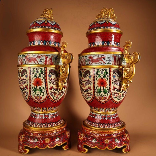 Chinese 1970s Monumental Pair of Chinese Cloisonné Enamel Vases With Gilt Dragon Handles For Sale - Image 3 of 9