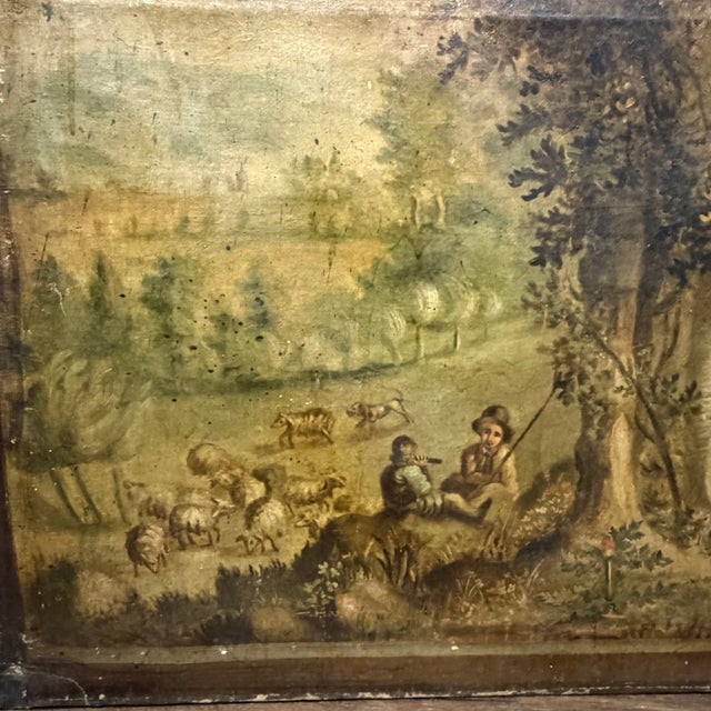 French Provincial Antique French Painted Screen Depicting Three Figural Landscape Scenes For Sale - Image 3 of 15
